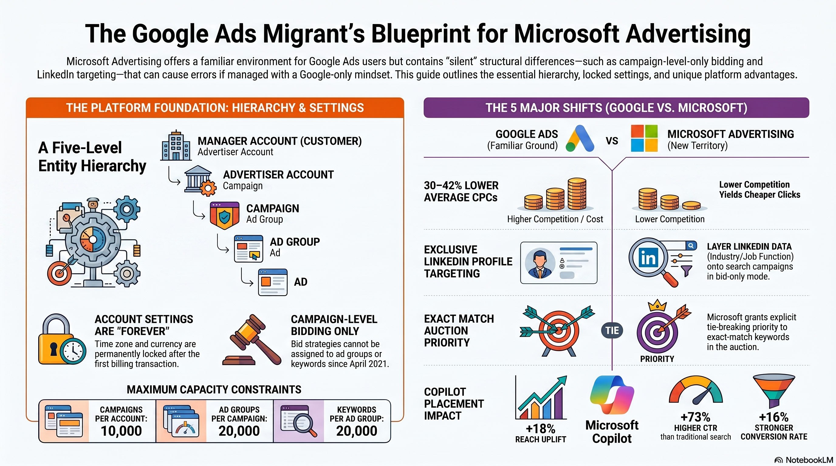 Diagram illustrating: the five levels of the Microsoft Advertising entity hierarchy and the hard capacity limits at each level