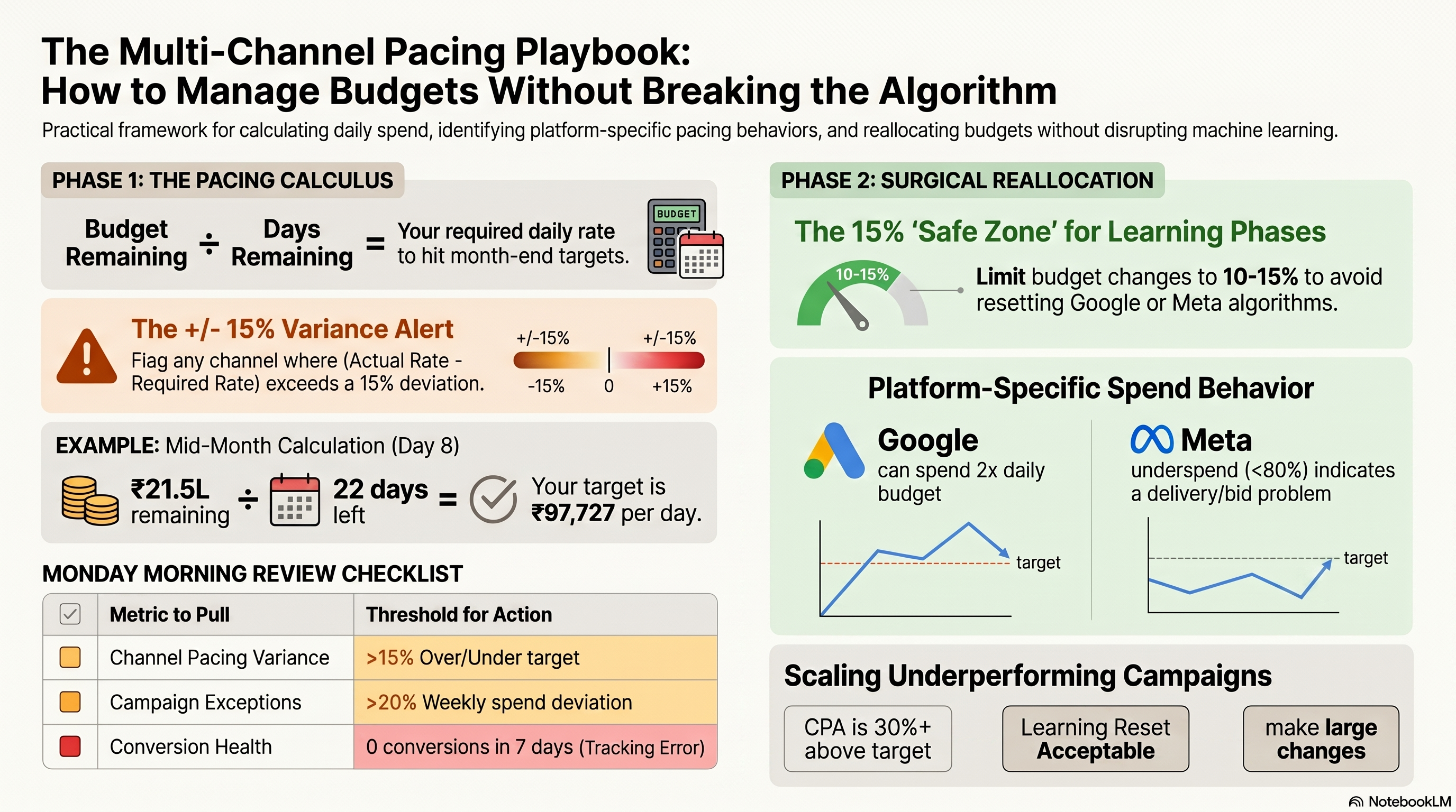 Calculate a daily spend target from a monthly budget and identify pacing danger signs early in the month