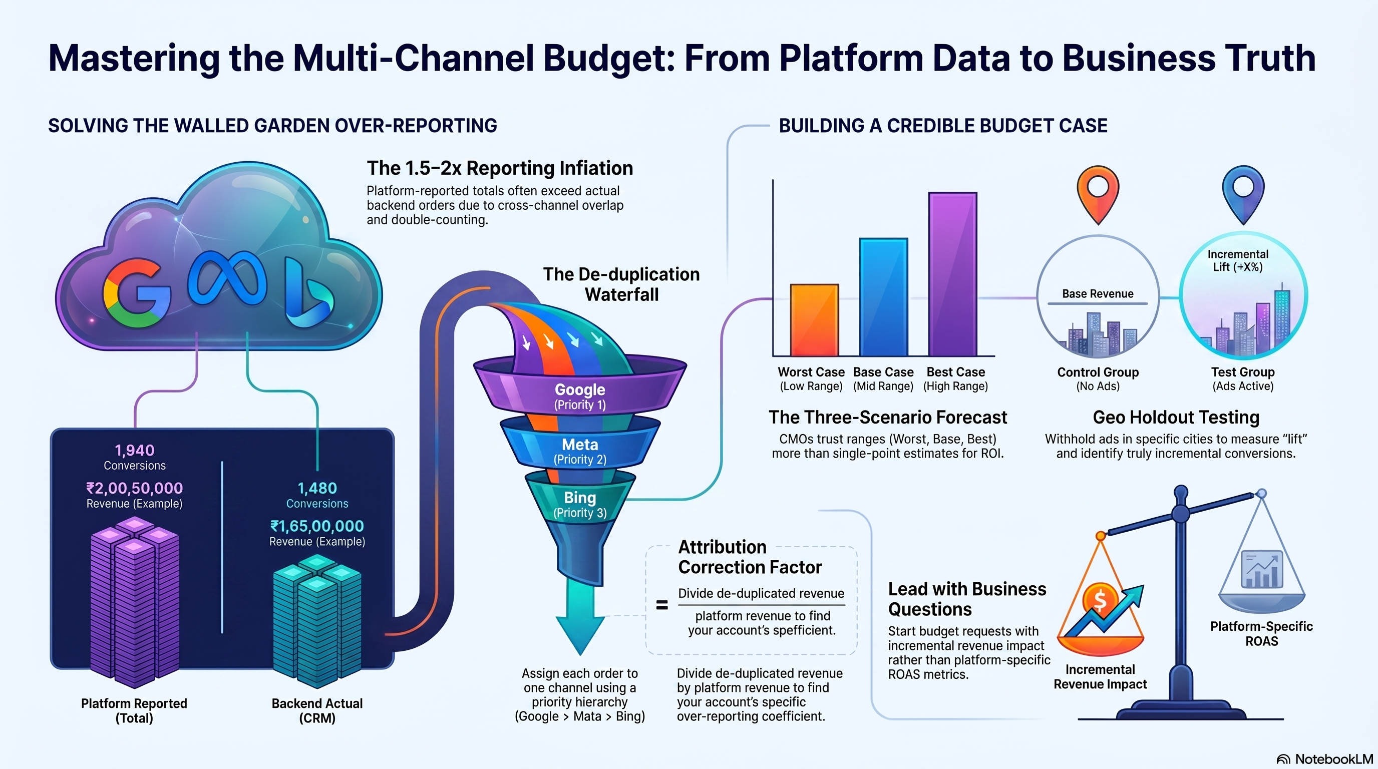 Diagram illustrating: the four main attribution models and what each over- or under-credits